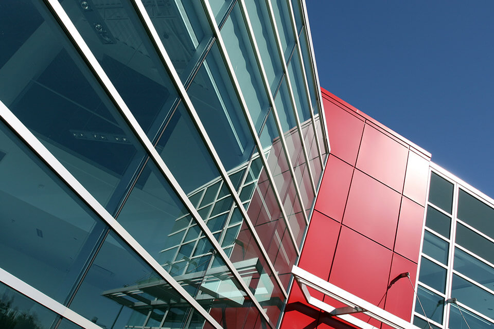 Office external red composite panels